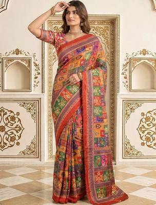 Red bandhani patchwork satin saree 4
