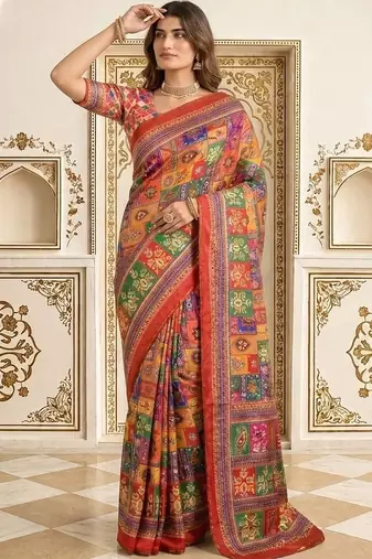 Red bandhani patchwork satin saree