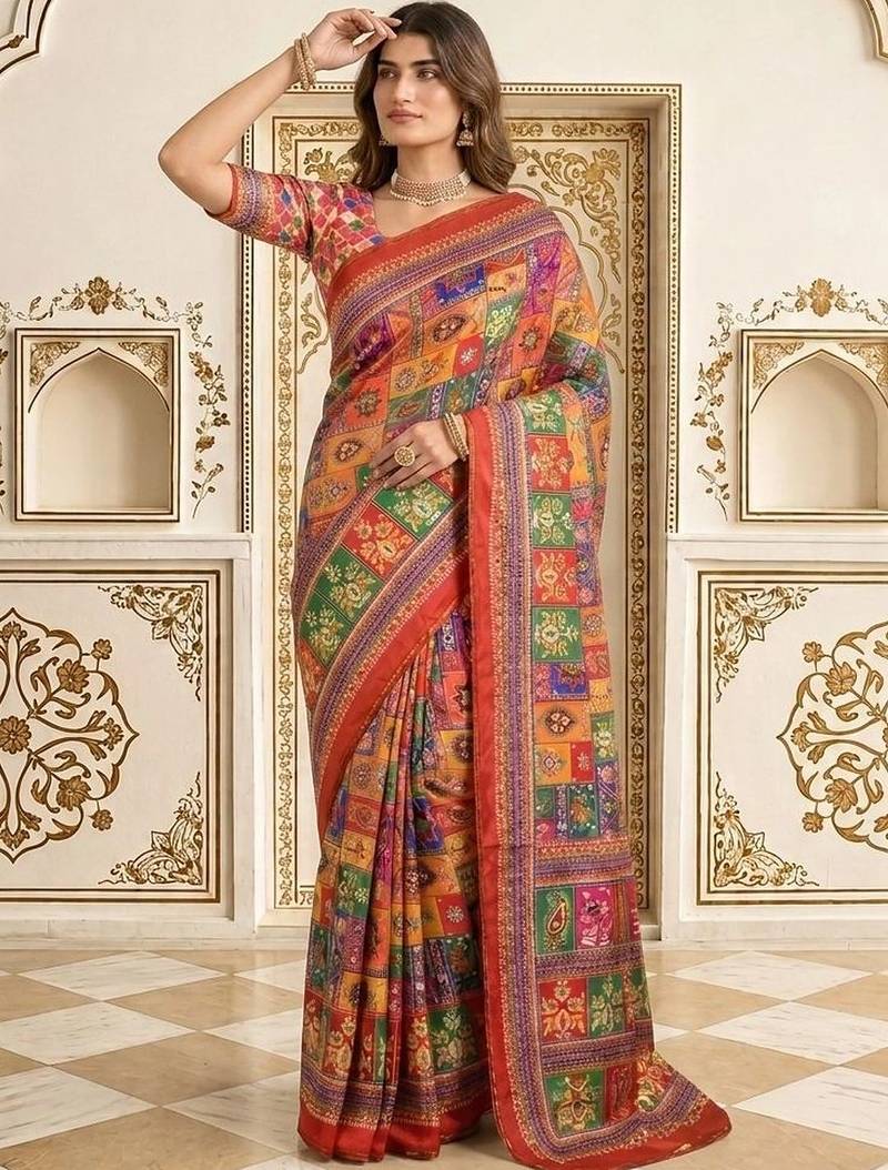 Red bandhani patchwork satin saree