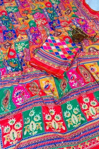 Red bandhani patchwork satin saree