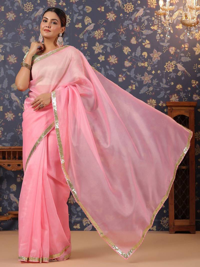 Pink embellished border saree
