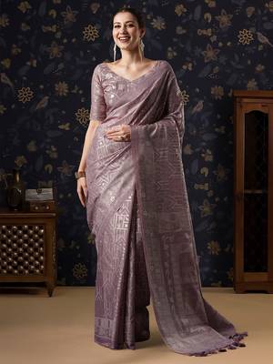 Mauve geometric printed woven design border zari banarasi saree 1