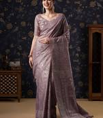 Mauve geometric printed woven design border zari banarasi saree