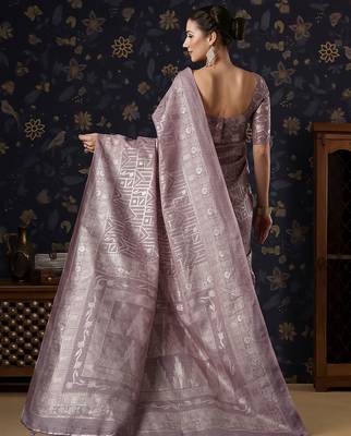 Mauve geometric printed woven design border zari banarasi saree 2