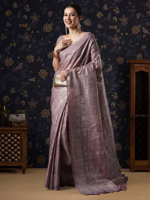 Mauve geometric printed woven design border zari banarasi saree 3