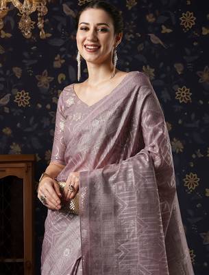 Mauve geometric printed woven design border zari banarasi saree 4