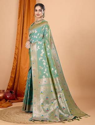 Sea green ethnic motifs woven design zari banarasi saree with unstitched blouse 2