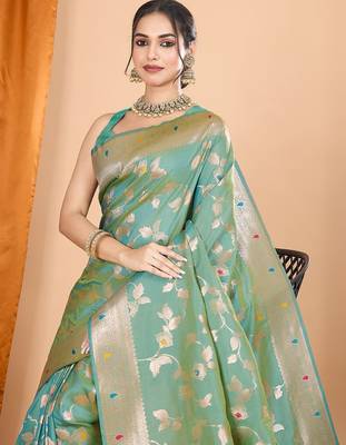 Sea green ethnic motifs woven design zari banarasi saree with unstitched blouse 5