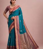 Teal ethnic motifs zari silk blend designer kanjeevaram saree