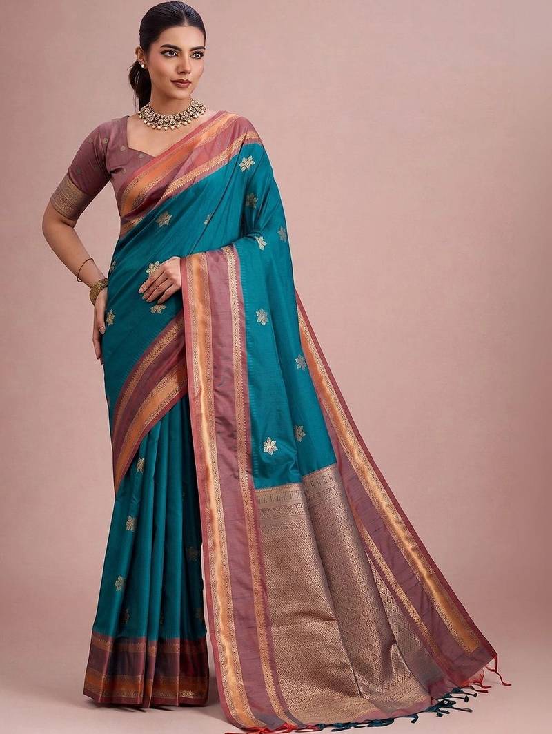 Teal ethnic motifs zari silk blend designer kanjeevaram saree