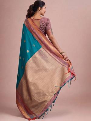 Teal ethnic motifs zari silk blend designer kanjeevaram saree 2