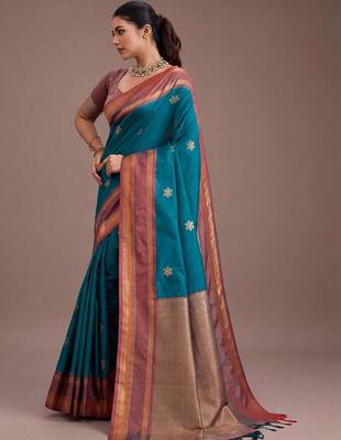 Teal ethnic motifs zari silk blend designer kanjeevaram saree 3