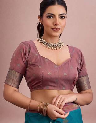 Teal ethnic motifs zari silk blend designer kanjeevaram saree 4