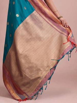 Teal ethnic motifs zari silk blend designer kanjeevaram saree 5