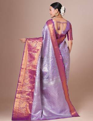 Lavender woven design kanjeevaram silk saree with blouse piece 2