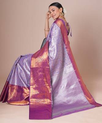 Lavender woven design kanjeevaram silk saree with blouse piece 3