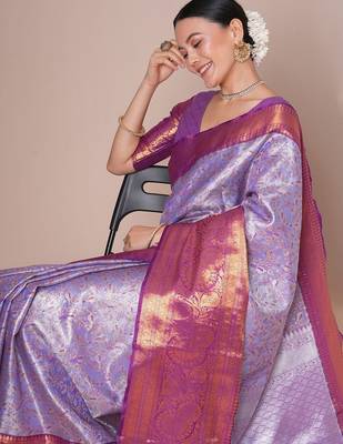 Lavender woven design kanjeevaram silk saree with blouse piece 4