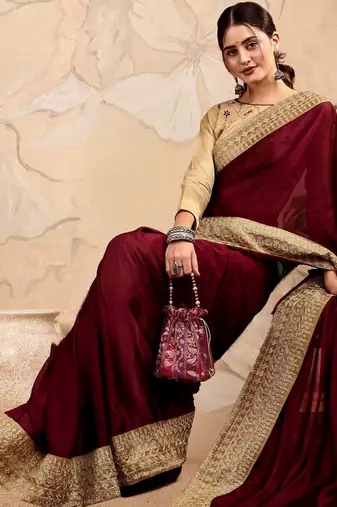 Burgundy embroidered sarees with blouse