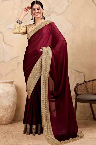 Burgundy embroidered sarees with blouse
