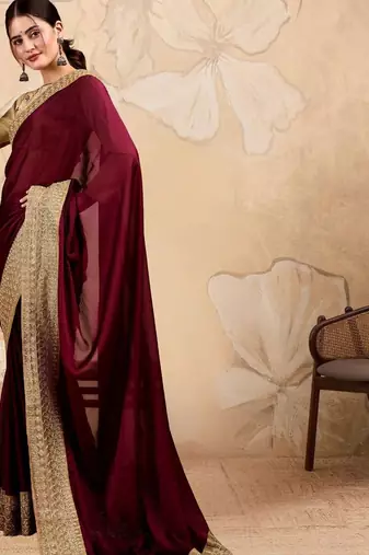 Burgundy embroidered sarees with blouse