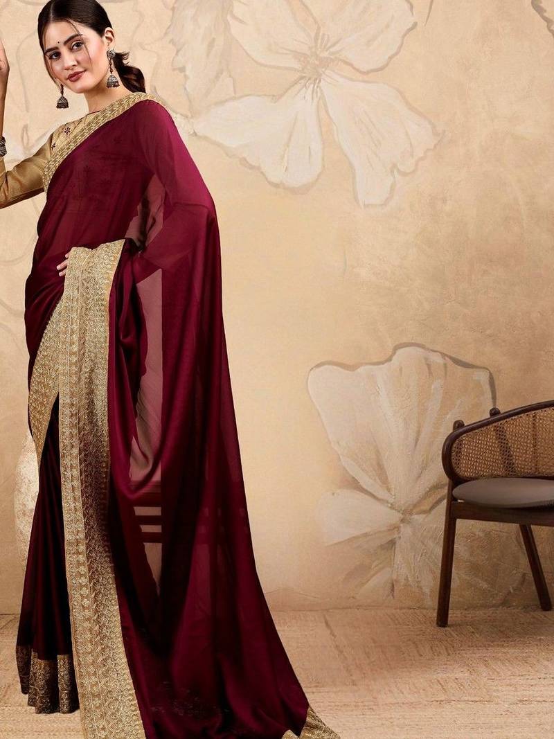 Burgundy embroidered sarees with blouse