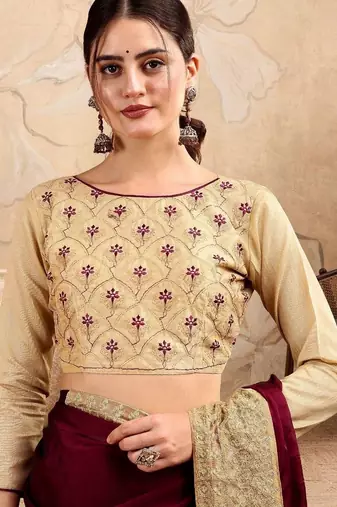 Burgundy embroidered sarees with blouse