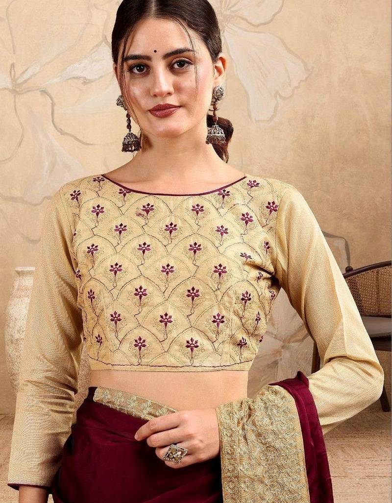 Burgundy embroidered sarees with blouse