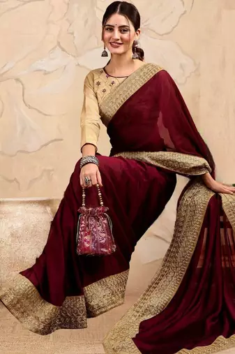 Burgundy embroidered sarees with blouse