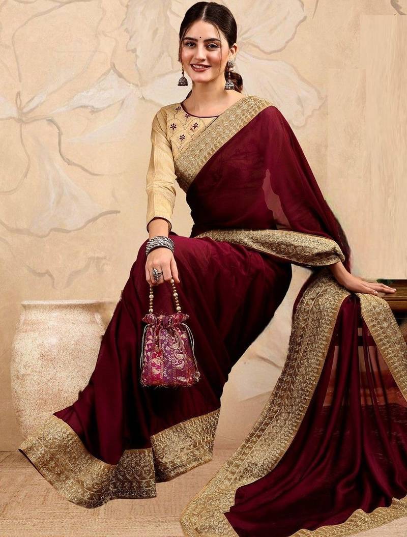 Burgundy embroidered sarees with blouse