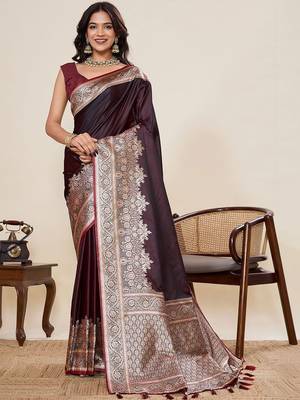 Purple woven design satin saree with unstitched blouse 1