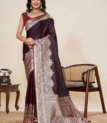 Purple woven design satin saree with unstitched blouse