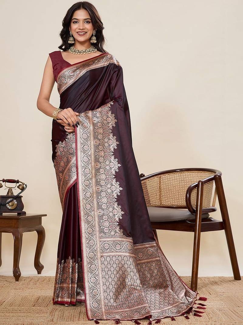 Purple woven design satin saree with unstitched blouse