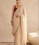 Off white embellished sequinned poly georgette designer saree