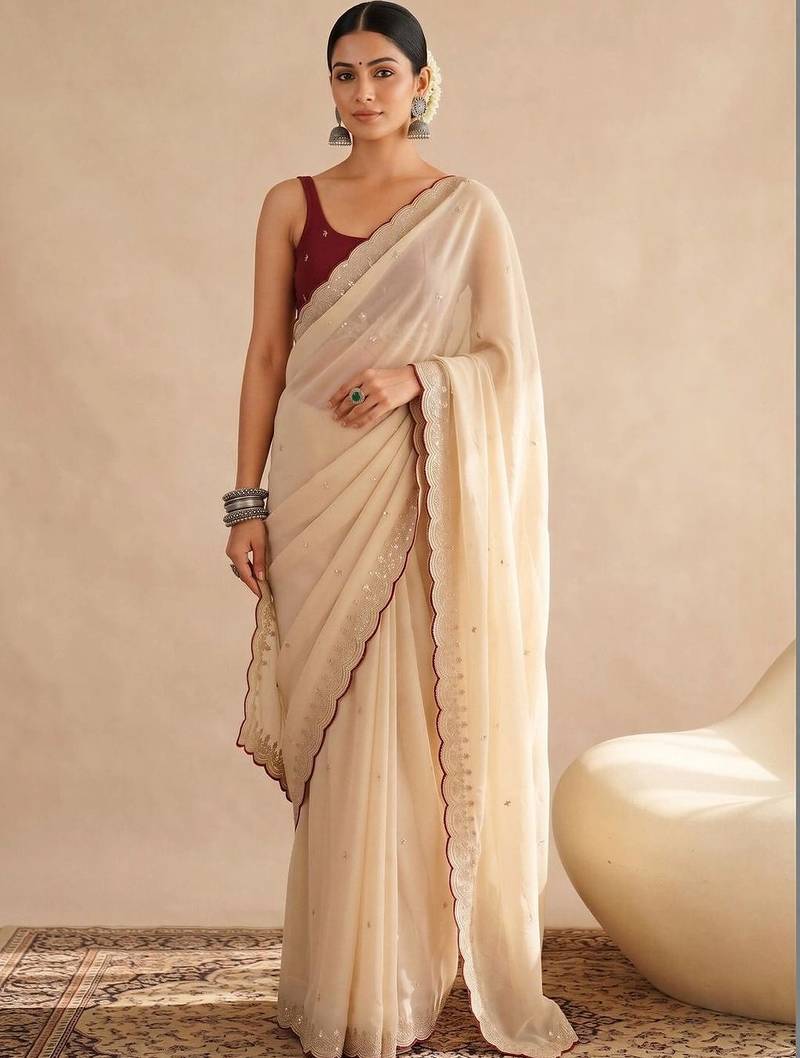 Off white embellished sequinned poly georgette designer saree