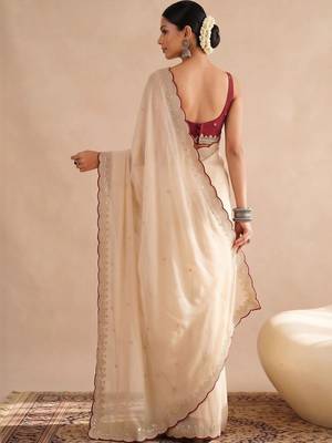 Off white embellished sequinned poly georgette designer saree 2