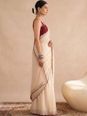 Off white embellished sequinned poly georgette designer saree 3