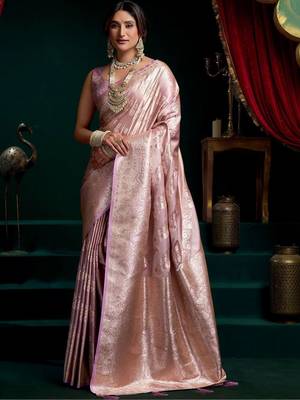 Pink woven design zari art silk banarasi saree 1
