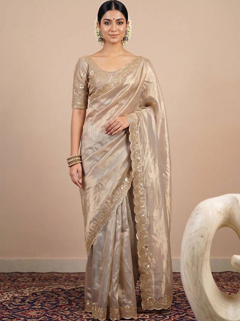 Gold embellished sequinned tissue designer saree