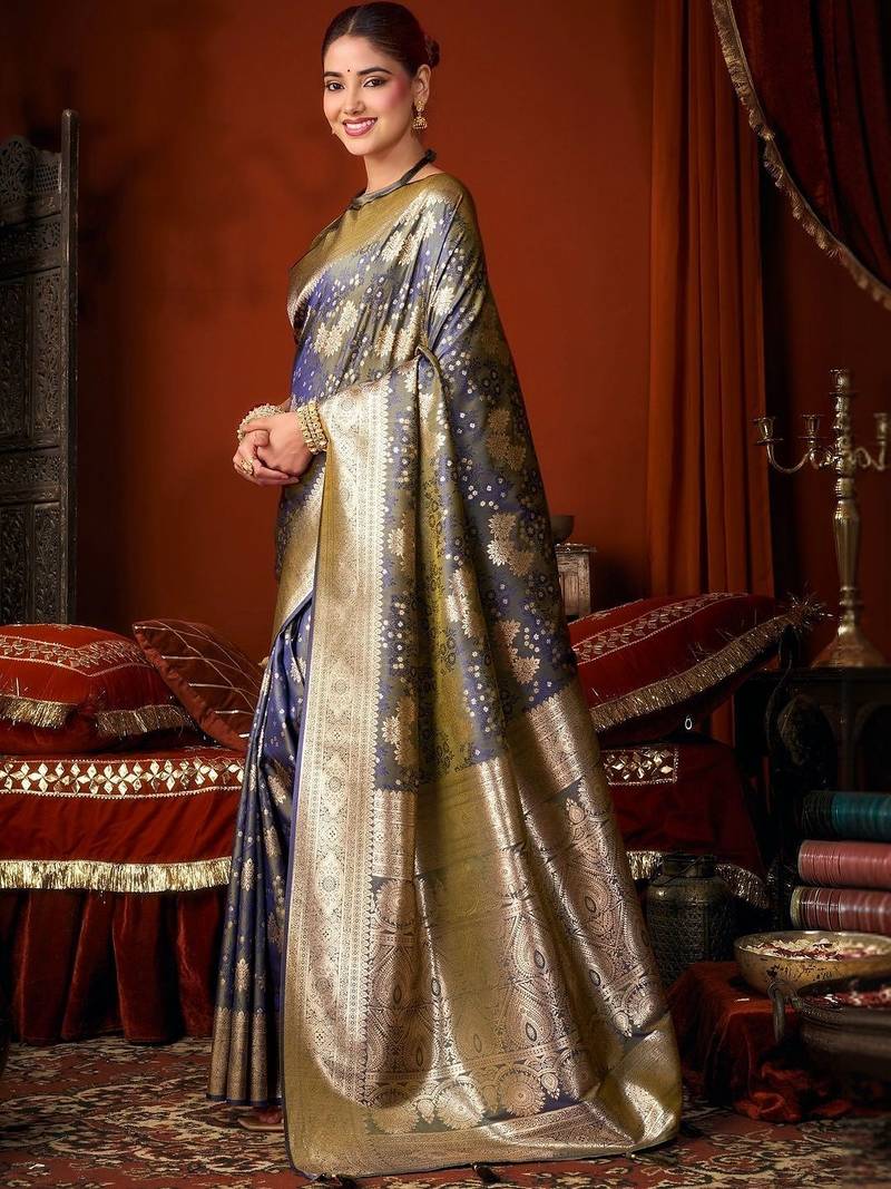 Blue woven design zari pure silk saree