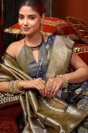 Blue woven design zari pure silk saree