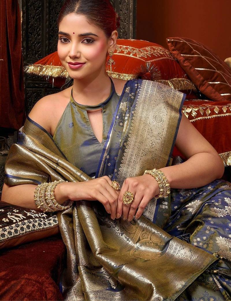 Blue woven design zari pure silk saree