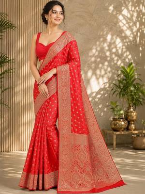 Red women's silk blend  woven design zari silk blend banarasi saree 1