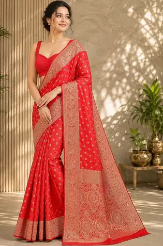 Red women's silk blend  woven design zari silk blend banarasi saree