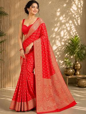 Red women's silk blend  woven design zari silk blend banarasi saree 2