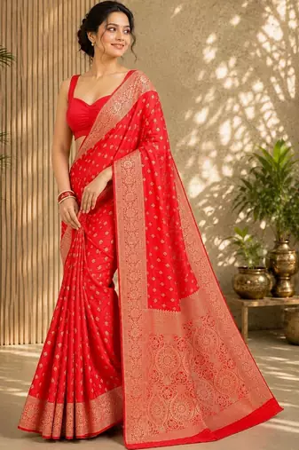 Red women's silk blend  woven design zari silk blend banarasi saree