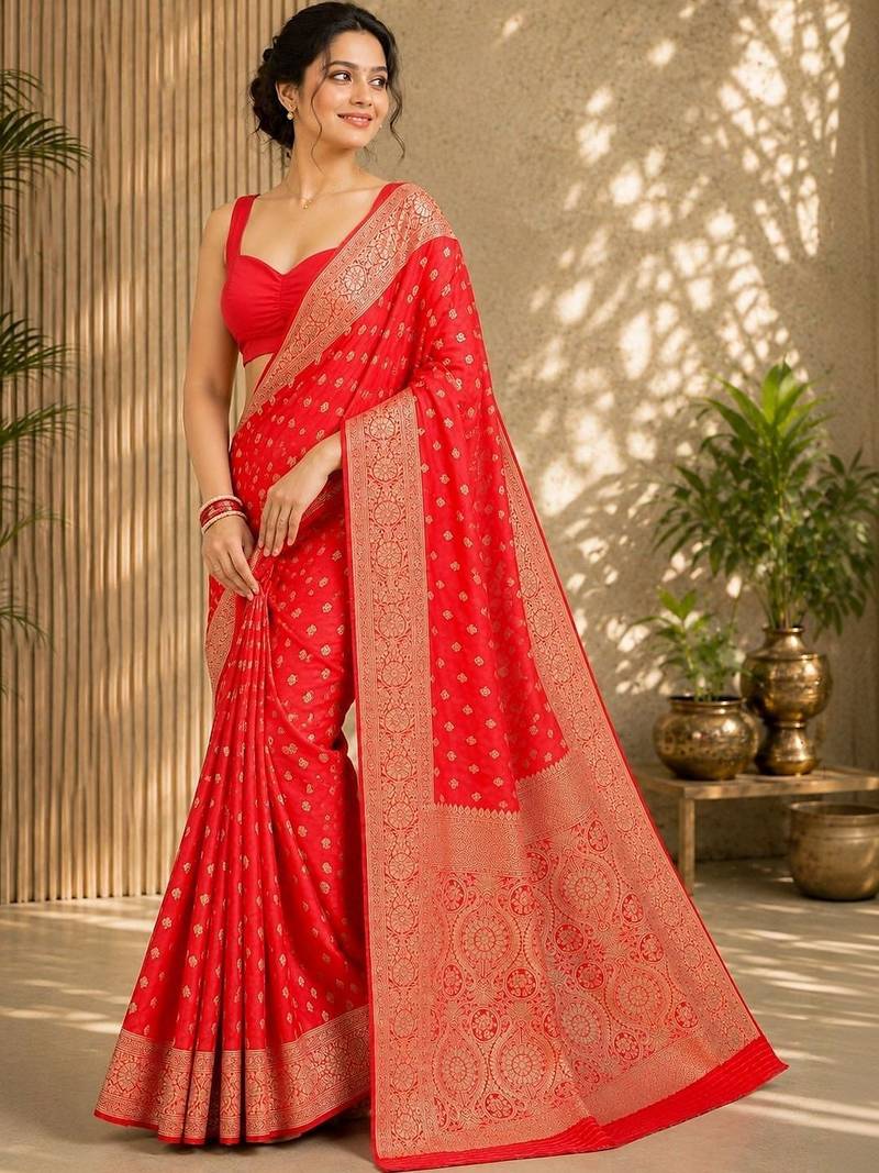 Red women's silk blend  woven design zari silk blend banarasi saree