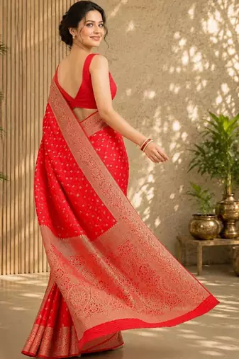 Red women's silk blend  woven design zari silk blend banarasi saree