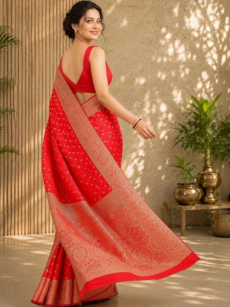 Red women's silk blend  woven design zari silk blend banarasi saree