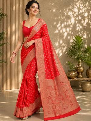 Red women's silk blend  woven design zari silk blend banarasi saree 4