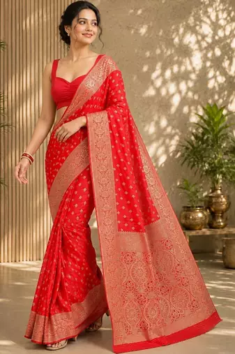 Red women's silk blend  woven design zari silk blend banarasi saree